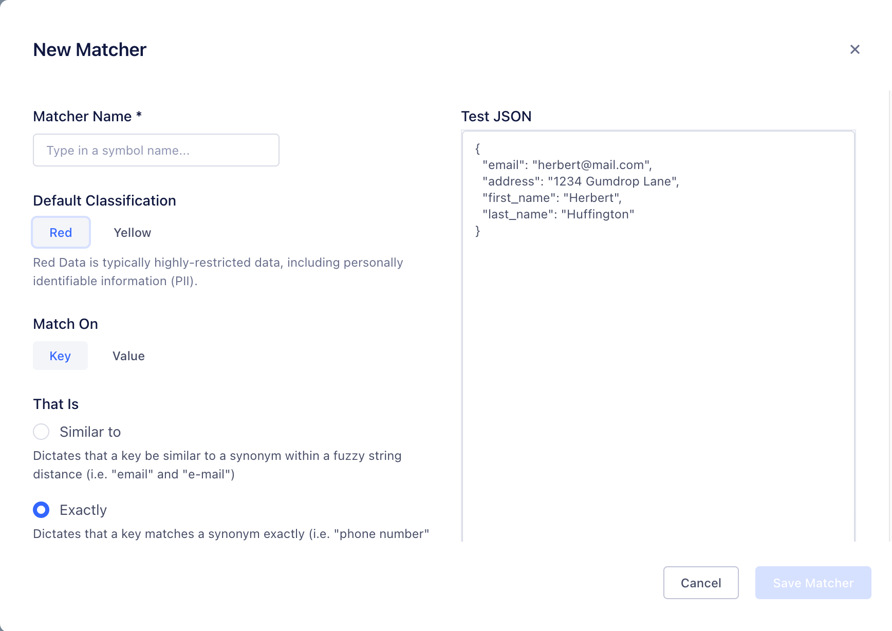 Screenshot of the Edit Matcher popup.